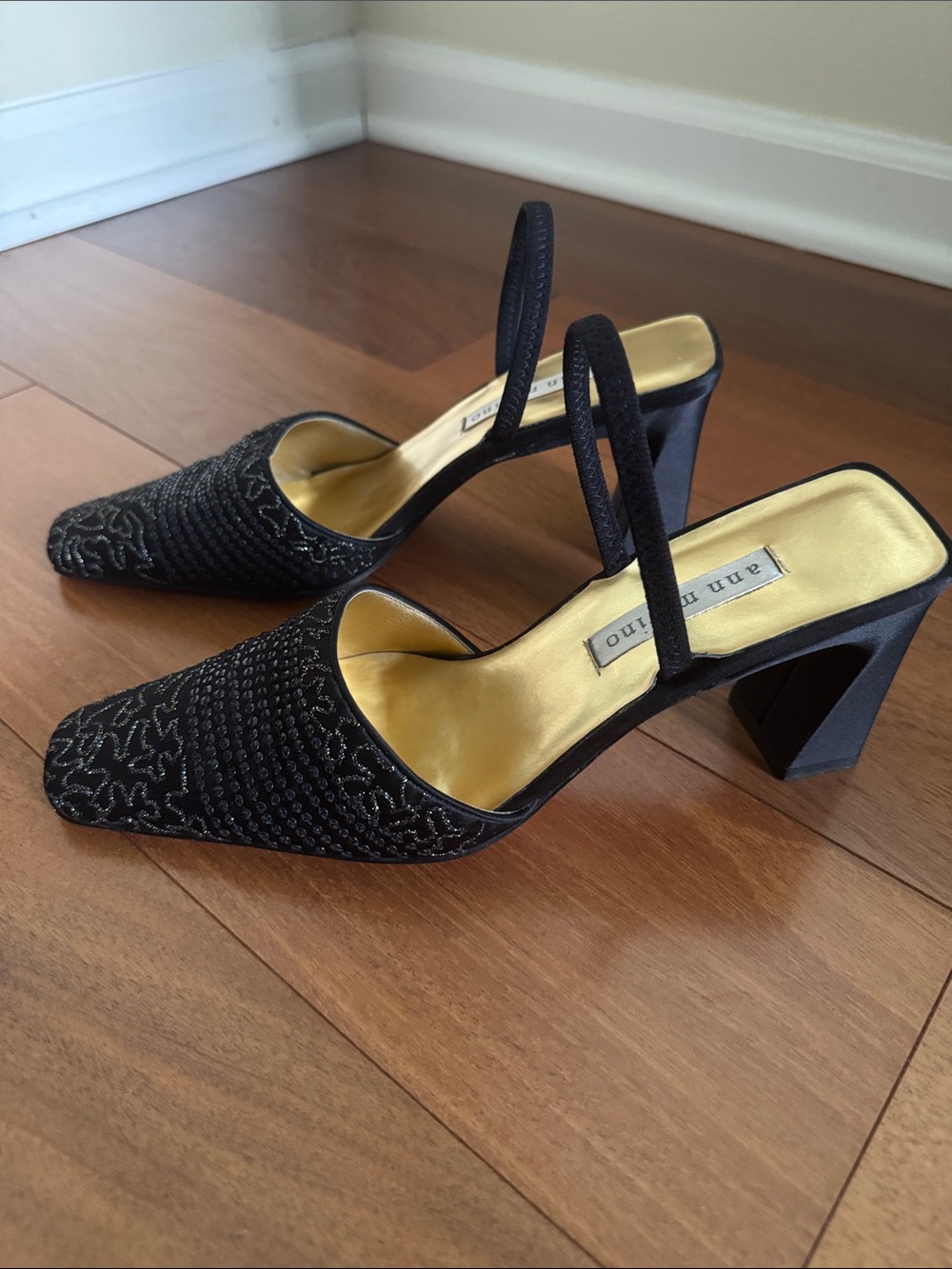Ann Marino Black Beaded Slingback Mules